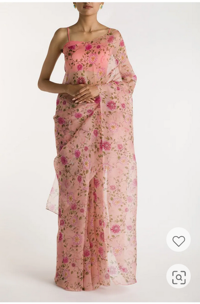 The Story of Dahlia & Sparrows-Peach Pure Organza Silk Saree